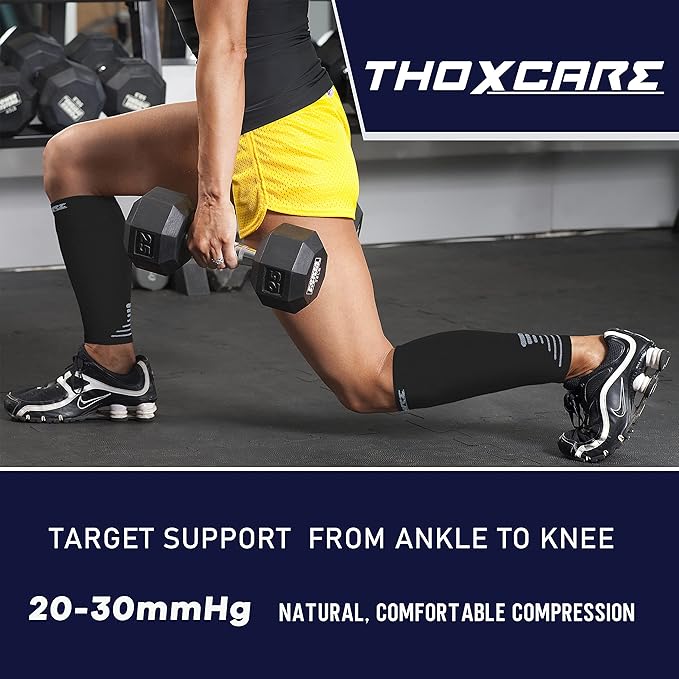 Thoxcare Calf Compression Sleeve for Men Women (1 Pair), Leg Support Footless Compression Socks for Running - Shin Splint Varicose Veins Swelling & Pain Relief, Black/Gray, X-Large