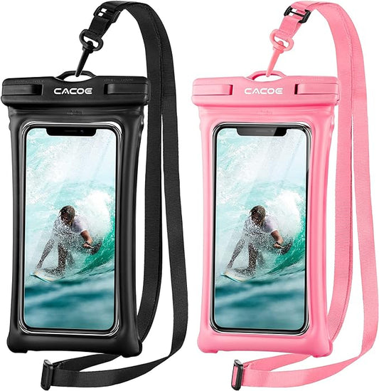 CACOE [Floatable] Floating Universal Waterproof Phone case 2 Pack-Up to 7.0",Phone Pouch with Adjustable Neck Lanyard,IPX8 Cellphone Dry Bags for Vacation Water Activities（Black+Pink）