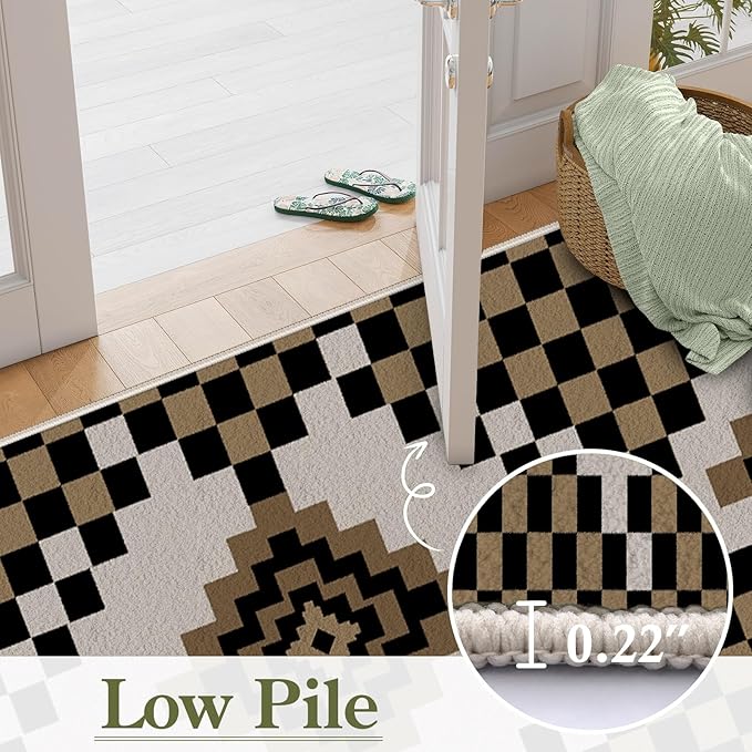 Retro Moroccan Farmhouse Decor Rug Runners for Hallways, 2x7ft, Black Linen Checkered Entryway Carpet, Rubber Backed Low Pile Easy Clean Carpets, Durable Reduce Noise Rugs for Floor