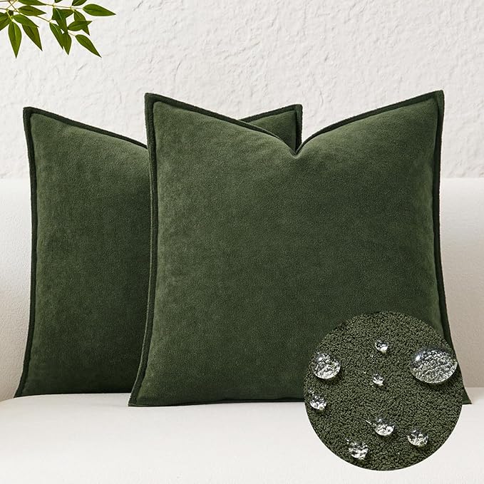 Kevin Textile Waterproof Decorative Pillow Covers Moss Green 26x26 Inch Pack of 2 Soft Boucle Textured Euro Pillowcases Elegant Accent Pillows for Couch Sofa Chair Bed Home Decor Indoor Outdoor