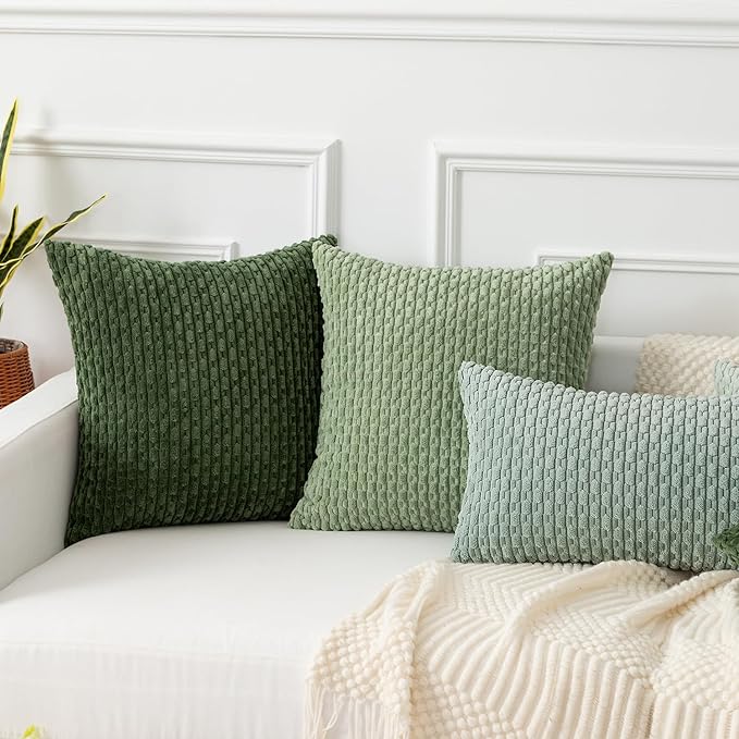 Kevin Textile Throw Pillow Covers Soft Corduroy Decorative Set of 2 Boho Striped Pillow Covers Pillowcases Farmhouse Home Decor for Couch Bed Sofa Living Room 22x22 Inch Moss Green
