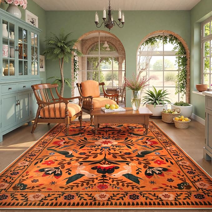 Moynesa Area Rugs 9x12 Fall Home Decor, Bohemian Scandinavian Modern Country Aesthetic Floral Bird Medallion Carpet for for Living Room Bedroom Dining Room,Non-Slip Washable Floor Protection