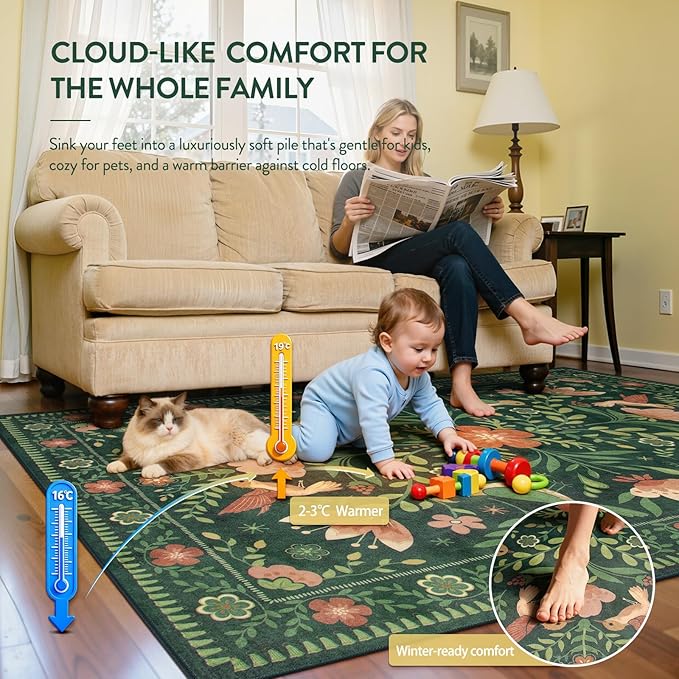 Moynesa Area Rugs 9x12 Green Vintage Home Decor, Modern Cottage Farmhouse Aesthetic Floral Bird Medallion Carpet for for Living Room Bedroom Dining Room,Non-Slip Washable Floor Protection