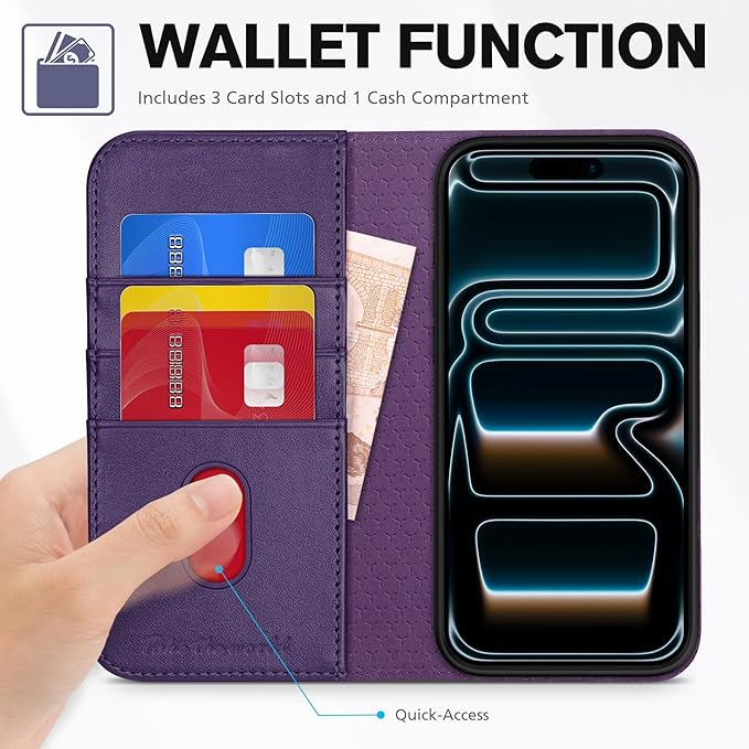 TUCCH Wallet Case for iPhone 17 Pro (6.3") 2025, 3 Credit Card Slot | RFID Blocking | Stand | PU Leather | Protective Flip Folio Cover | Shockproof TPU Interior Shell | Dark Purple