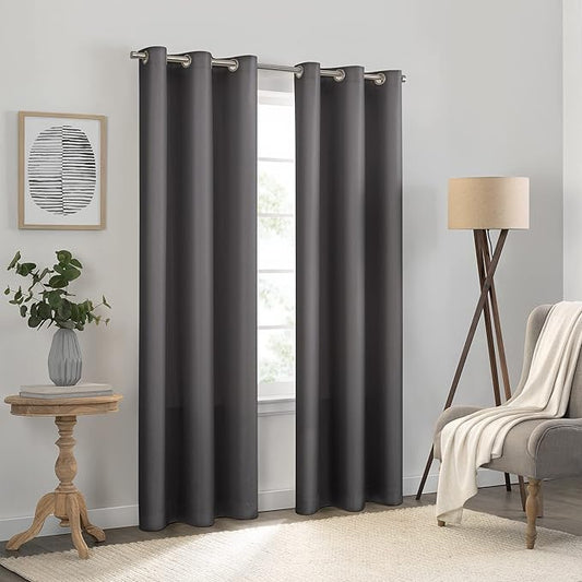 Eclipse Kendall Solid Textured Blackout Thermal Insulated Lining Grommet Window Curtain for Bedroom (1 Panel), 42 in x 63 in, Charcoal