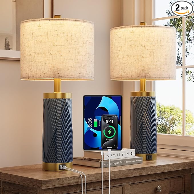 24.5" Modern Ceramic Table Lamp Set of 2 for Living Room, Table Lamps with USB Ports for Bedroom Set of 2， Farmhouse Bedside Nightstand Bedside Lamp End Table Lamps Blue