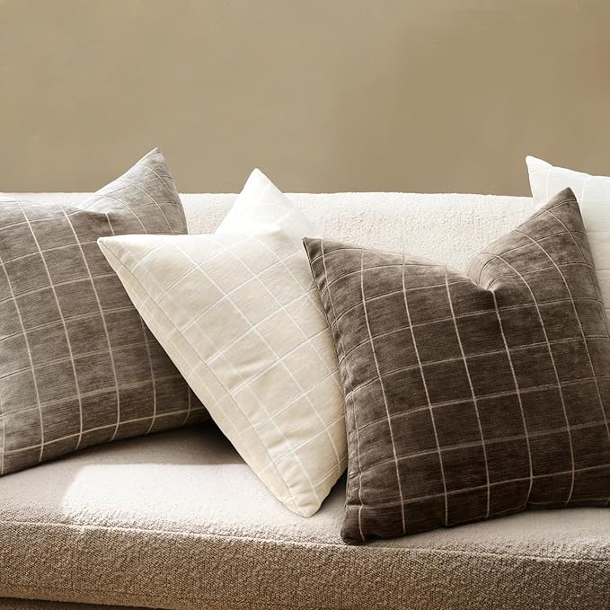 MIULEE Decorative Chenille Check Throw Pillow Covers Vintage Plaid Couch Pillows 18x18 Inch Set of 2 Neutral Boho Farmhouse Cushion Covers Modern Spring Home Decor for Sofa Bed Living Room Cream