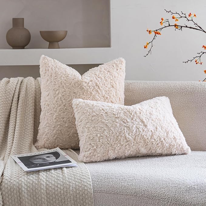 Neelvin Set of 2 Faux Fur Throw Pillow Covers 20x20 Inch Beige Cozy Soft Solid Decorative Pillowcases Thick Plush Sheepskin Cushion Case for Chair and Couch Sofa Bedroom
