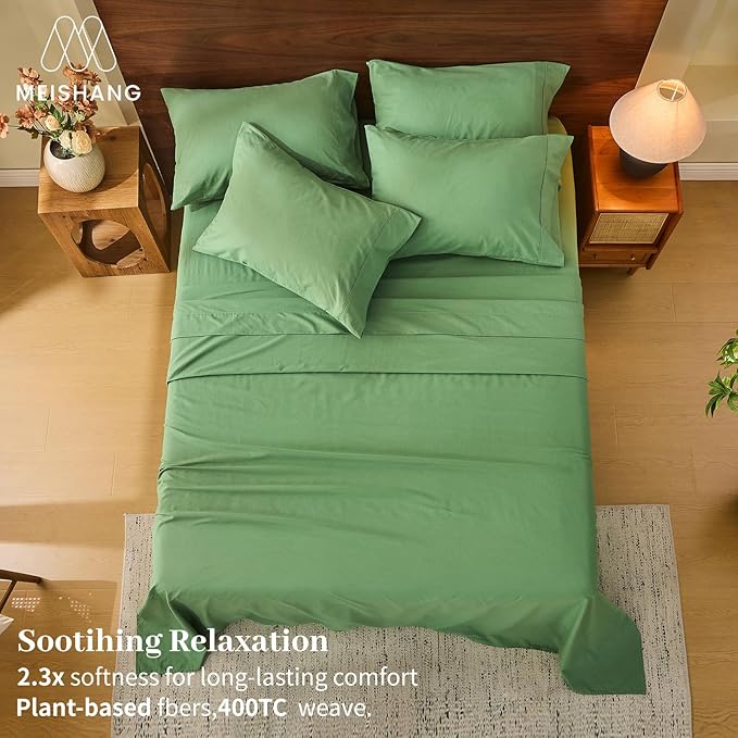 MEISHANG 100% French Pure Linen Sheets Cal King Size - 6 PC Extra Deep Pocket Sheet Set, Soft Durable Flax Linen, Anti-Tear Breathable & Oeko-Tex Certified 18-24 Deep Pocket,All Season(Sage Green)