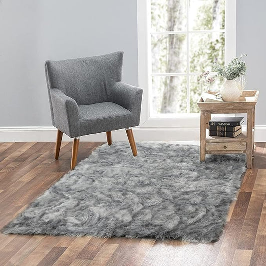 Silky Soft Faux Fur Rug, Sheepskin Area Rug, Shaggy Rug for Living Room, Bedroom, Kid's Room, or Nursery, Home Décor Accent, Machine Washable with Non-Slip Backing (Gray, Rectangle (2'x3'))