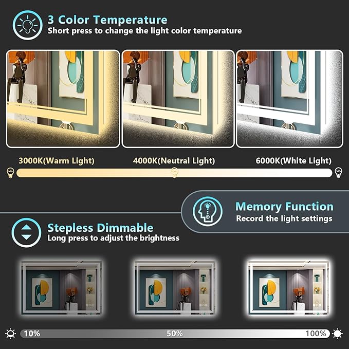 48x36 LED Bathroom Mirror with Lights, Backlit & Front Lit, Anti-Fog Frameless Lighted Vanity Mirrors for Bathroom Wall, Dimmable, 3-Color Light, Memory, Shatter-Proof, Tempered Glass, CRI＞90