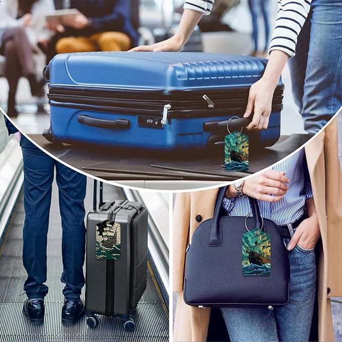 2 Pack Luggage Tag for Suitcase,Pirate Ship Luggage Tag with PU Leather Privacy Cover ID Label & Stainless Steel Loop for Women Men Travel Bag Suitcase