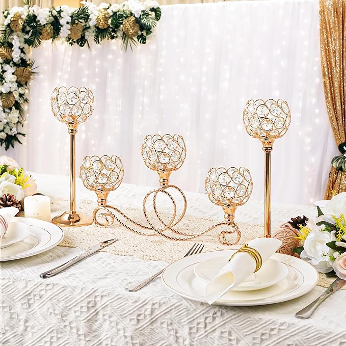 Gold 5 Arm Metal Crystal Tea Light Candle Holder, Elegant Wedding Table Centerpiece, Christmas Wishing Bowl Candle Holder