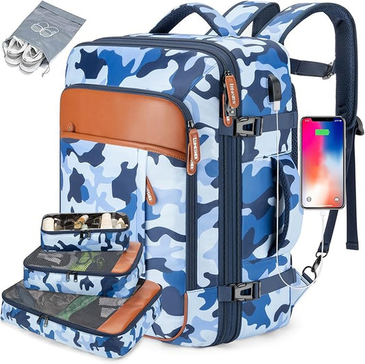 Lumesner Carry on Travel Backpacks, Extra Large 40L Flight Approved for Men & Women,Expandable Suitcase backpack (Camouflage Blue(Backpack With 4 Packing Cubes))