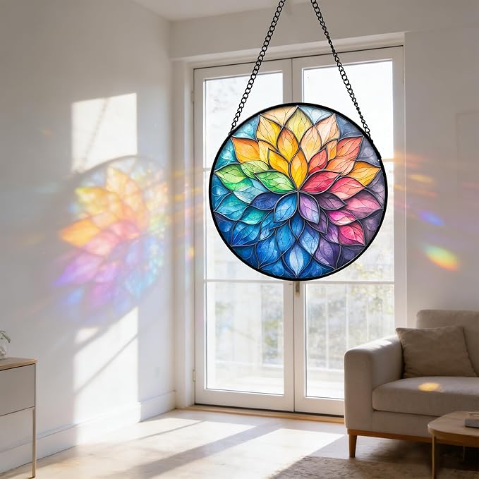 DASTOLL Stained Glass Window Hanging, Colorful Flower Petals Sun Catchers Diamond Glass Panel Hangings Suncatcher Decor for Birthday for Women, Men, Wife, Aunt, and Mom 9.8 in