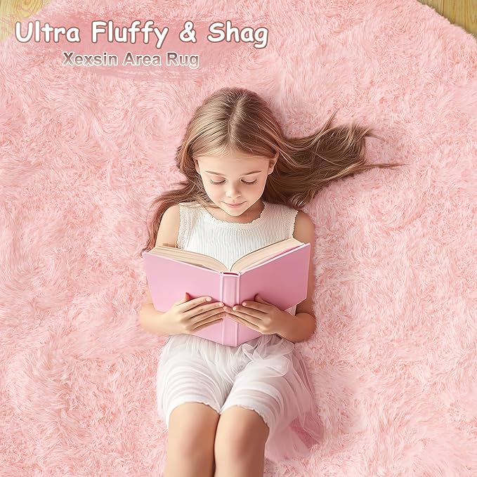 Round Fluffy Rugs 4Ft for Girls Bedroom, Pink Shag Circle Kids Rug Non-Slip for Bedside Dorm Nursery Playroom, Soft Cute Area Rugs for Living Room Decor