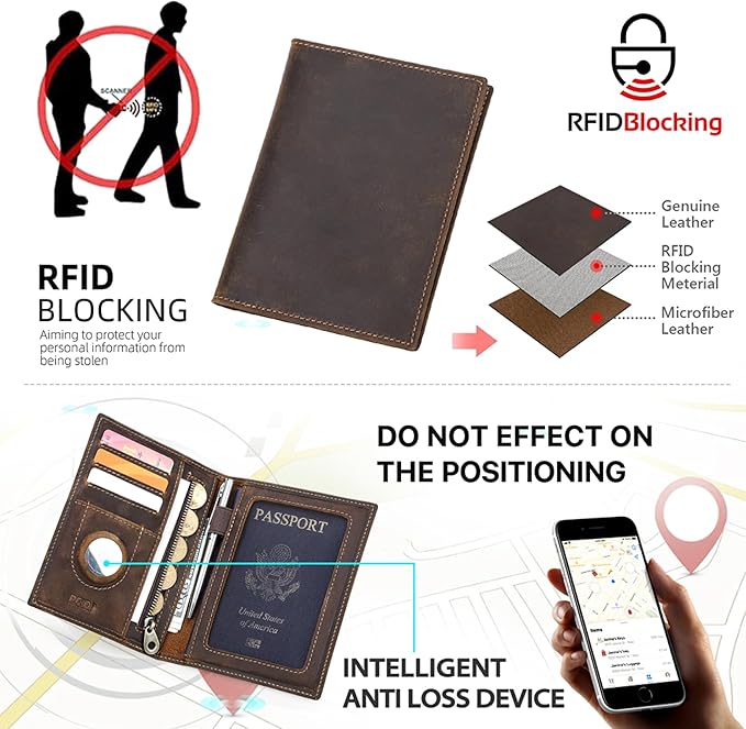 Top Grain Leather Single Travel Passport Wallet Embossing Badge for Unisex, Folio Design for Passport & Multi Cards, RFID Blocking for Passport/Cards/Checks/Bills/AirTag, Coffee Default, DE