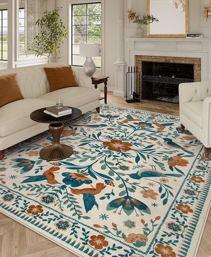 Moynesa Washable 8x10 Area Rugs for Living Room Bedroom Dining Room, Modern Bohemian Farmhouse Floral Bird Print Pattern Medallion Carpet, Retro Home Decor Open Floor Areas Non-Slip Protection
