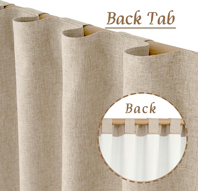 LAMIT 100% Blackout Natural Linen Curtains, 80 Inches Linen Textured Thermal Bedroom Curtains Back Tab and Rod Pocket Neutral Panels with White Liner for Farmhouse, 2 Panels, 52 x 80 Inch, Linen