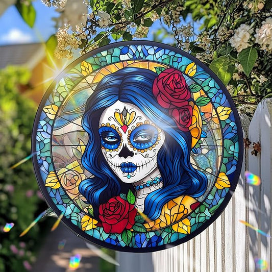 VAIIEYO Skull Women Acrylic Sun Catcher Window Hanging Decoration, 7.8 Inch Double-Sided Light Reflecting Ornament for Window, Garden, Porch or Balcony Decor, Housewarming, Gift for Natural Lovers