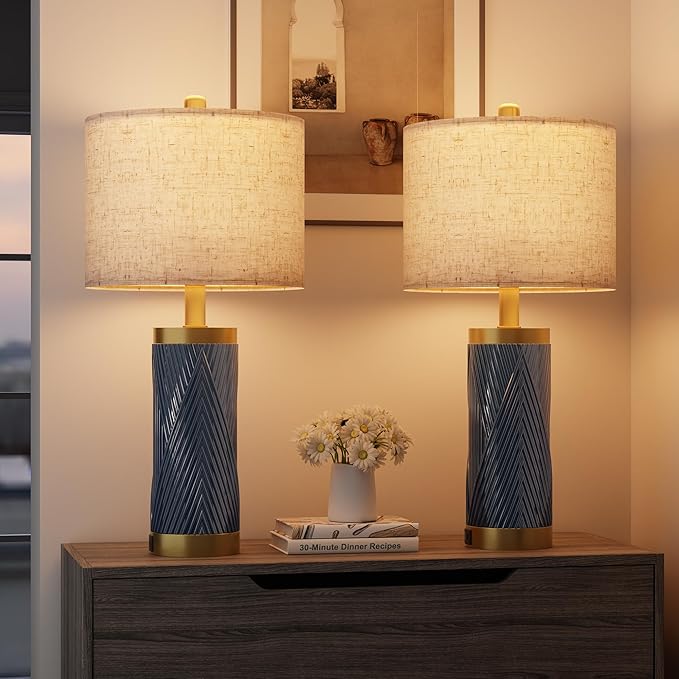 24.5" Modern Ceramic Table Lamp Set of 2 for Living Room, Table Lamps with USB Ports for Bedroom Set of 2， Farmhouse Bedside Nightstand Bedside Lamp End Table Lamps Blue
