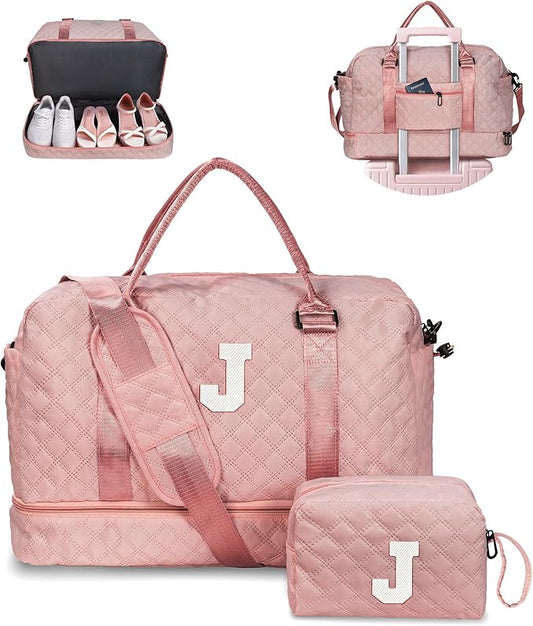 Vogewood Birthday Gifts for 4 5 6 7 8 9 10 11 12 13 14 Year Old Girls-Duffle Bag with Shoe Compartment, Personalized Weekender Bag, Overnight Bag for Women, Travel Bag with Makeup Bag (Letter J)