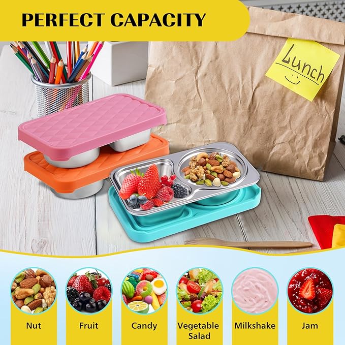 LVQVEV 4 Pack Stainless Steel Snack Containers, 2 Compartment Snack Container with Silicone Lids, Easy Open Leak Proof Reusable Metal Toddler Snack Containers for Daycare (Orange, pink, purple, blue)