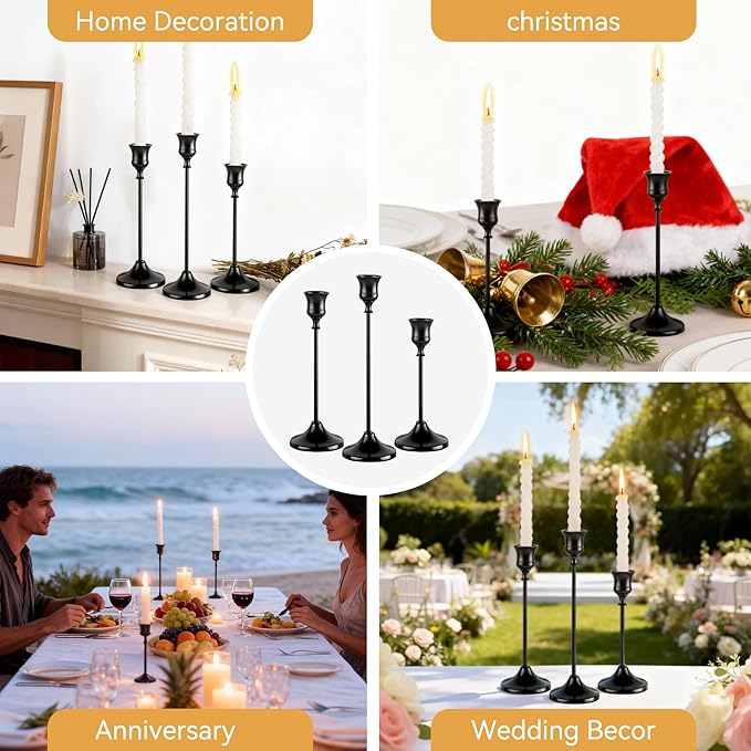 Taper Candle Holders, Tall Vintage Metal Candlestick Holders, 12 PCS Black Candle Sticks Holders for Home Decor Table Centerpiece Wedding Housewarming Festival, Black, 4 Sets (12 pcs)