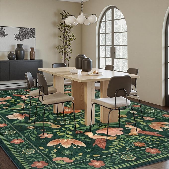 Moynesa Area Rugs 9x12 Green Vintage Home Decor, Modern Cottage Farmhouse Aesthetic Floral Bird Medallion Carpet for for Living Room Bedroom Dining Room,Non-Slip Washable Floor Protection