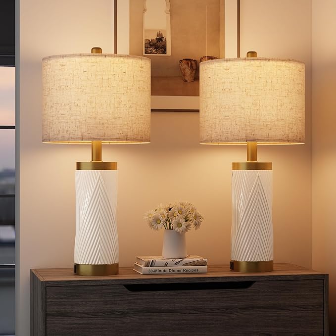 24.5" Modern Ceramic Table Lamp Set of 2 for Living Room, Table Lamps with USB Ports for Bedroom Set of 2， Farmhouse Bedside Nightstand Bedside Lamp End Table Lamps White