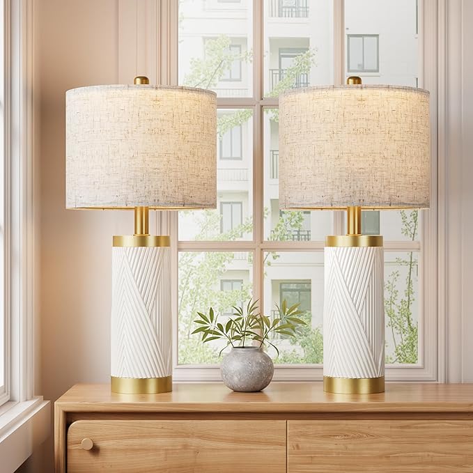 24.5" Modern Ceramic Table Lamp Set of 2 for Living Room, Table Lamps with USB Ports for Bedroom Set of 2， Farmhouse Bedside Nightstand Bedside Lamp End Table Lamps White