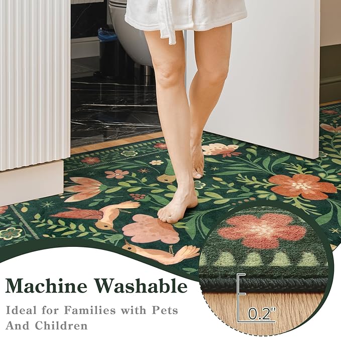 Moynesa 3x5 Kitchen Rug, Modern Cottage Washable Non-Slip Low Pile Area Rug for Bedroom Entryway Entrance Aesthetic,Lightweight Foldable Farmhouse Floral Bird Print Pattern Carpet Retro Home Decor