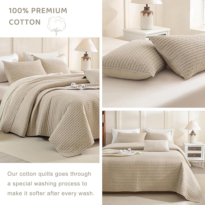 Sanracie Stonewashed Cotton Coverlet Queen Size(90"x98"), Ultra Soft Dark Wheat Color Crinkle Quilt Bedding Set 3Pcs Cross Stitch Pattern Lightweight Breathable Bedspread Set for All Season