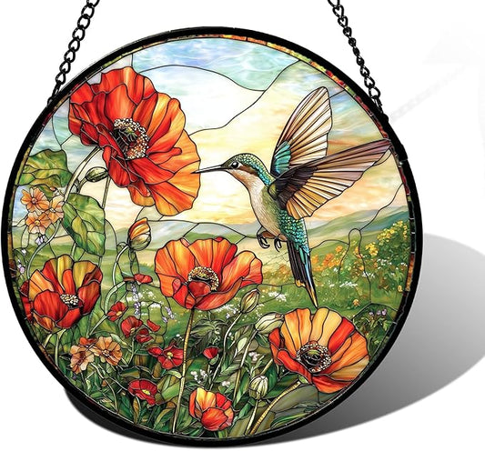 Stained Glass Window Hanging, Hummingbirds Orange Flowers Suncatcher Diamond Glass Panel Hangings Sun Catchers Decor for Birthday for Women, Men, Wife, Aunt, and Mom 11.8 in
