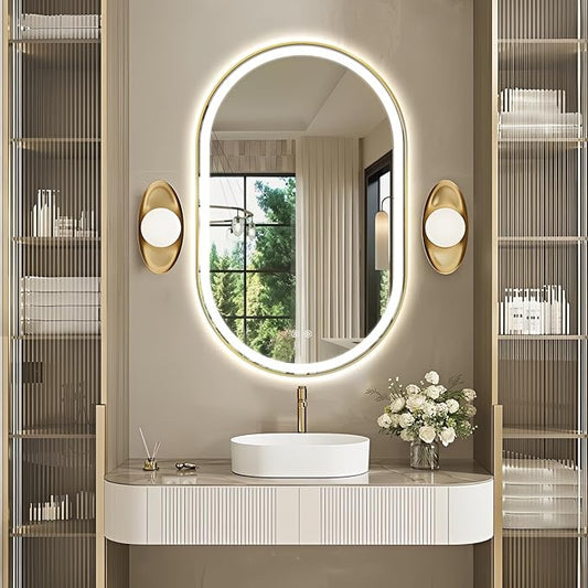 Niccy Oval LED Mirror for Bathroom, 48x30 Front Lit + Backlit Vanity Mirrors with Light Anti-Fog, Shatter-Proof, 3 Colors, Makeup Mirror with Old Gold Frame (Horizontal/Vertical)