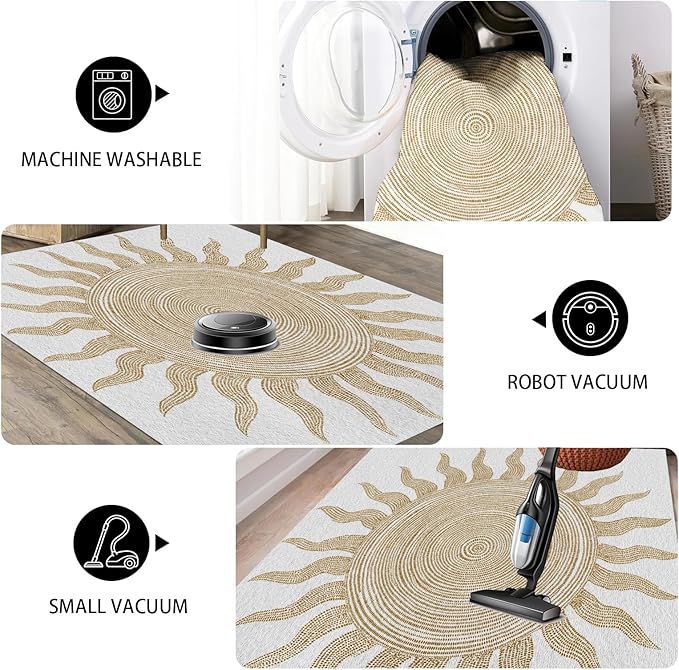 Boho Washable Rugs for Bedroom 6x8, Modern Sun Print Soft Minimalism Area Rug, Non Slip Low Pile Abstract Carpet for Classroom Living Room Decor Dining Room Sofa Kids Nursery Room, Beige Yellow