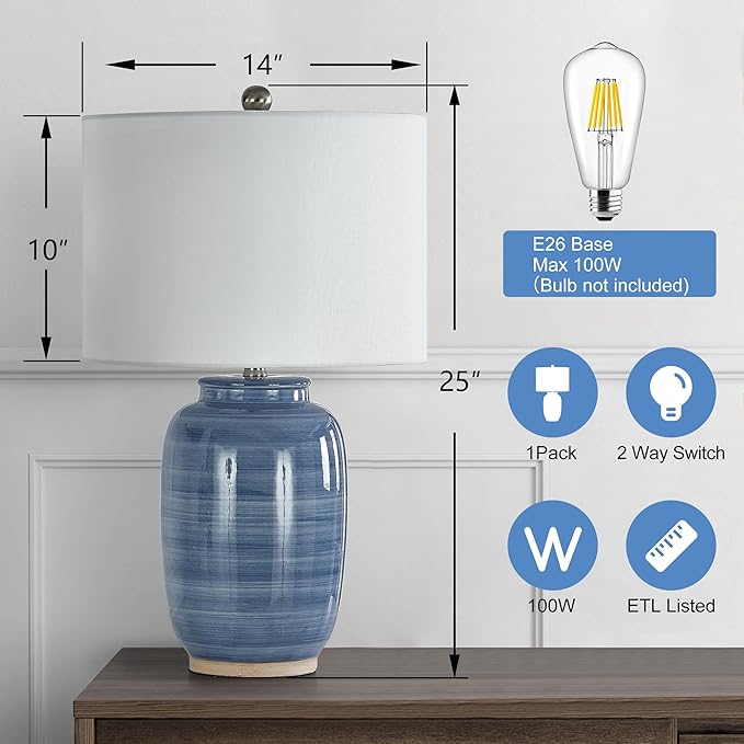 Maxax 25" Blue Table Lamp for Living Room, Modern Ceramic Lamp with White Shade, Coastal Blue Bedside Nightstand Lamp for Bedroom Home Office