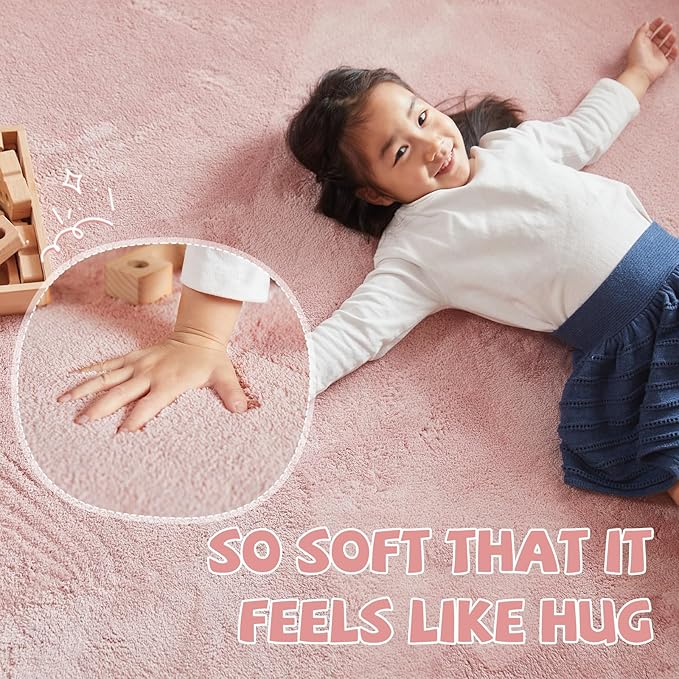 jinchan Solid Plush Area Rug 3x5 Performance Shaggy Washable Rug Indoor Soft Modern Faux Wool Cozy Non Slip Carpet for Living Room Kids Room Bedroom Dining Room Nursery Pink