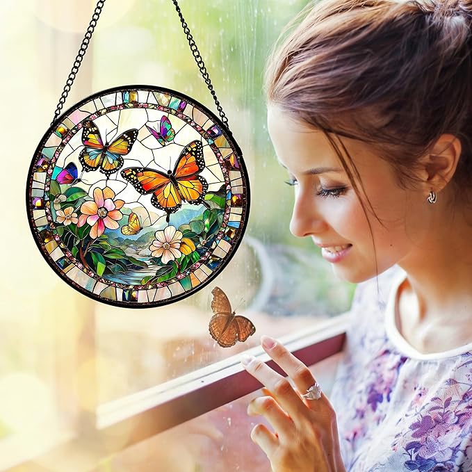 DASTOLL Stained Glass Window Hanging, Butterflies Flying in the Sky Suncatcher for Doors Home Sun Catchers Decoration and Christmas, Mother's Day Birthday Gifts for Women, Men, and Mom 9.8 in