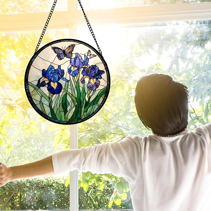 DASTOLL Stained Glass Window Hanging, Blue Purple Butterfly Flower Suncatcher Diamond Colorful Glass Panel Sun Catchers Decor for Birthday for Women, Men, Wife, Aunt, and Mom 6.3 in