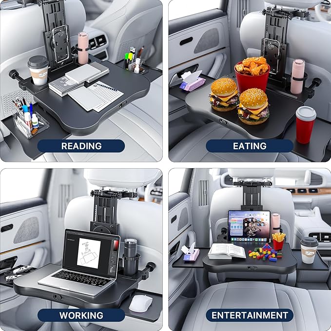 Car Back Seat Tray Table-Stable Auto Backseat Food Trays Desk for Rear Passenger Road Trip Eating & Work, Multifunctional Adjustable Travel Tray with Phone Drink Holder for Laptop iPad