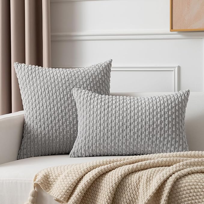 Kevin Textile 2 Packs Light Grey Decorative Throw Pillow Covers 26x26 Inch for Living Room Couch Bed Sofa Rustic Farmhouse Boho Home Decor Soft Striped Corduroy Square Cushion Case 66x66 cm