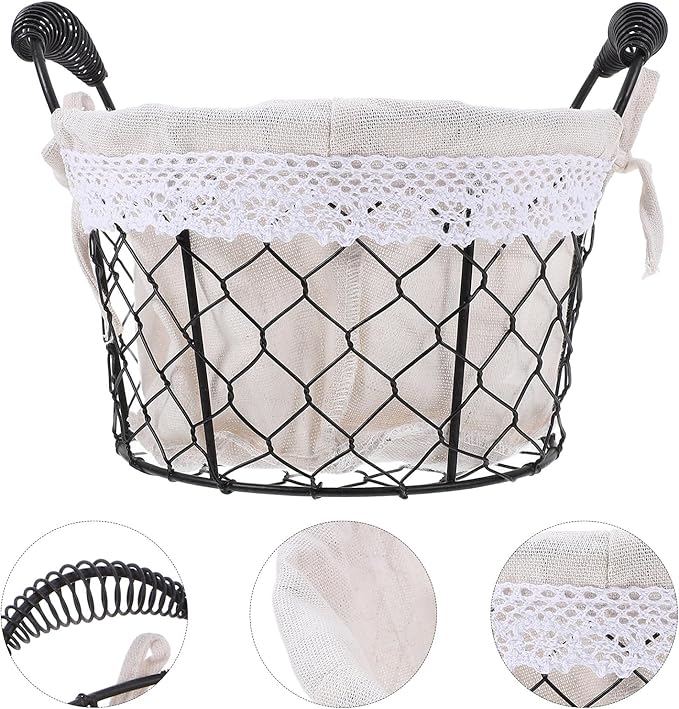 Wire Basket with Handle and Fabric Liner, round Metal Storage Basket for Fresh Eggs and Bread, Rustic Iron Wire Organizer for Kitchen and Home Use