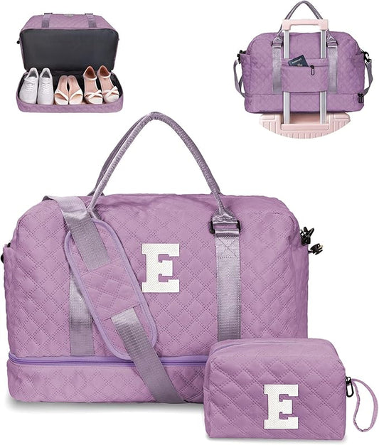 Vogewood Duffle for Women with Shoe Compartment, Personalized Weekender with Shoulder Strap, Overnight Bag with Trolley Sleeve & Wet Pocket, Travel Bag with Makeup Bag (Letter E)