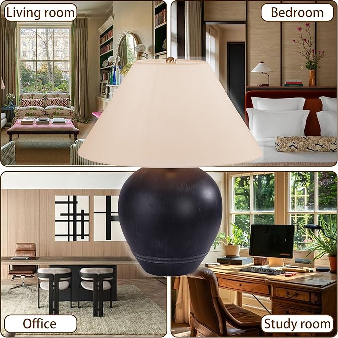 Pia Ricco 21'' Medium Size Black Glossy Ceramic Base Ceramic Basin Table Lamp for Bedroom, Living Room, Dining Room, Office, White Shade,Black Base