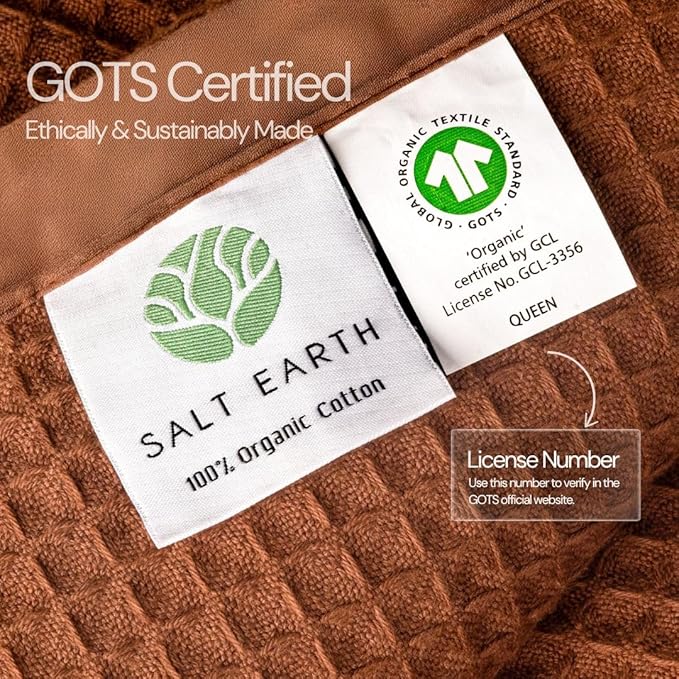 Salt Earth GOTS Certified 100% Organic Cotton Throw Blanket, 55"x60" Waffle Blankets & Throws for Bed, Throw Blanket for Couch, Cozy Christmas Blankets and Throws for Christmas Gifts (Potting Soil)