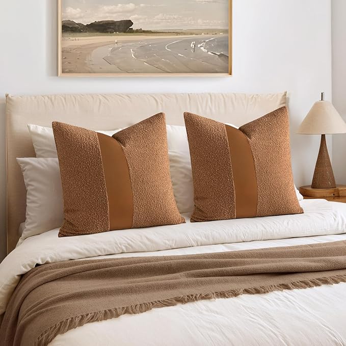 MIULEE Boucle Throw Pillow Covers 18x18 Inch Set of 2 Brown Faux Leather Textured Decorative Pillow Cases Boho Farmhouse Accents Cushion Covers for Couch Bed Livingroom Home Decor