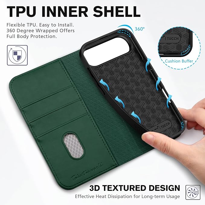 TUCCH Wallet Case for iPhone Air (6.5") 2025, 3 Credit Card Holders, RFID Blocking, Stand, PU Leather, Shockproof TPU Interior Shell, Protective Flip Folio Cover, Midnight Green