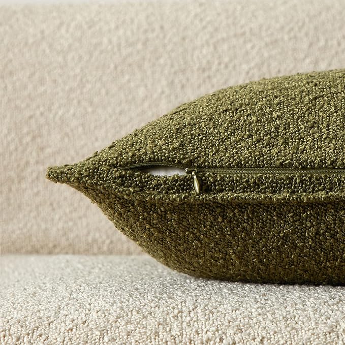 JUSPURBET 12x20 Pillow Covers Set of 2 Decorative Throw Pillow Covers Case for Couch Sofa Bed Soft Boucle Textured Lumbar Cushion Covers with Hidden Zipper for Home Decor Living Room,Olive Green
