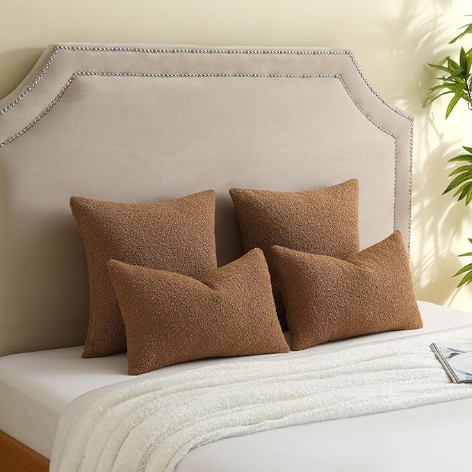 FUTEI Pack of 2 Tobacco Decorative Throw Pillow Covers 16x16 Inch Soft Cozy Solid Boucle Textured Cushion Case,Modern Home Decor for Couch Bed Living Room